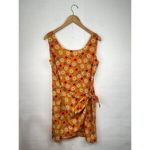 VTG 90s Y2K Orange Retro Floral Sleeveless Dress Tie Waist Mini Length A Line